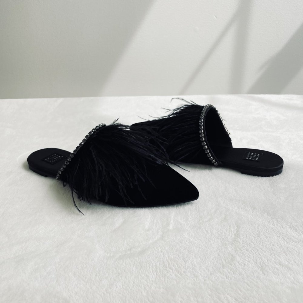 White House Black Market Womans Size 6 Black Feather Valvet Diamond Mules Flats